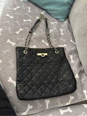 Donna Karan Black Quilted Leather Chain Shoulder Tote with Gold Hardware